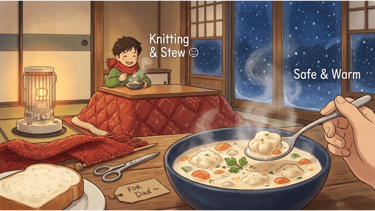 Hand-Knitted Red Scarf for Dad 🧣 | Ghibli Style ASMR & Winter Cooking