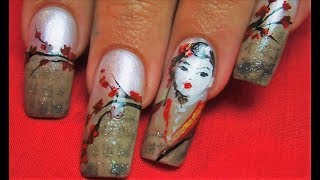 Japanese Geisha Newspaper Nails | Vintage Cherry Blossom Long Nail Art Design