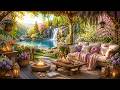 Soothing Piano Music in a Spring Garden | Fire Crackling on a Cozy Porch, Golden Hour Waterfall View