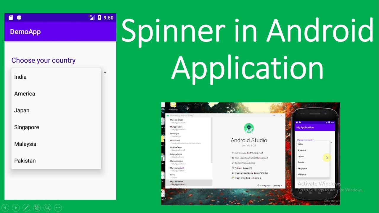 Creating Spinner or drop down list box in Android - YouTube