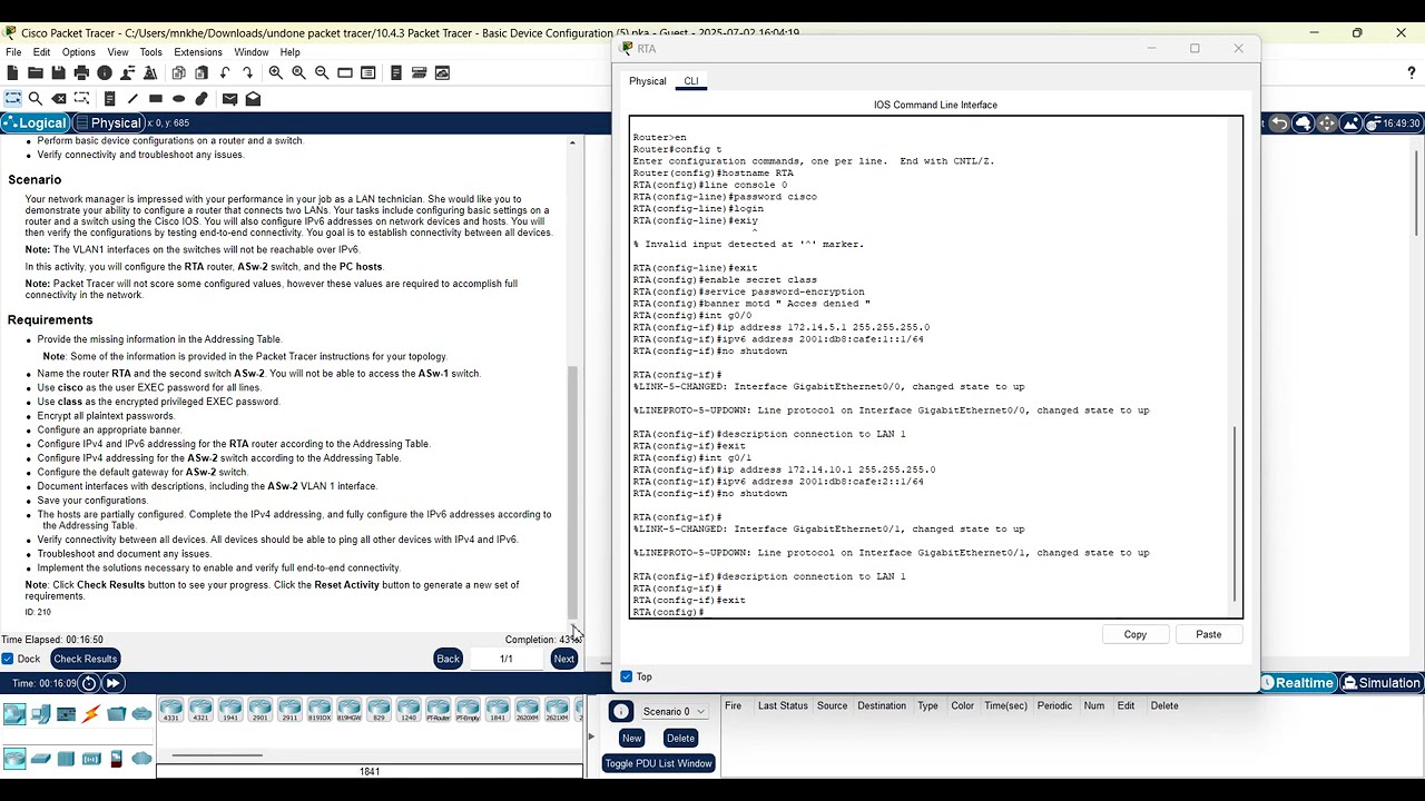 Packet Tracer 10.4.3-basic device configuration