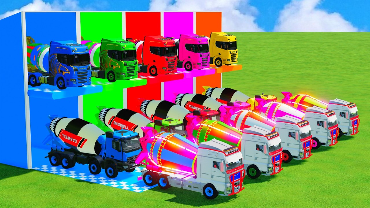 Garage with Colors - ALL MIXER TRUCK WITH DOUBLE FLATBED TRAILER TRUCK, TESLA, KAMAZ, RENAULT - FS22