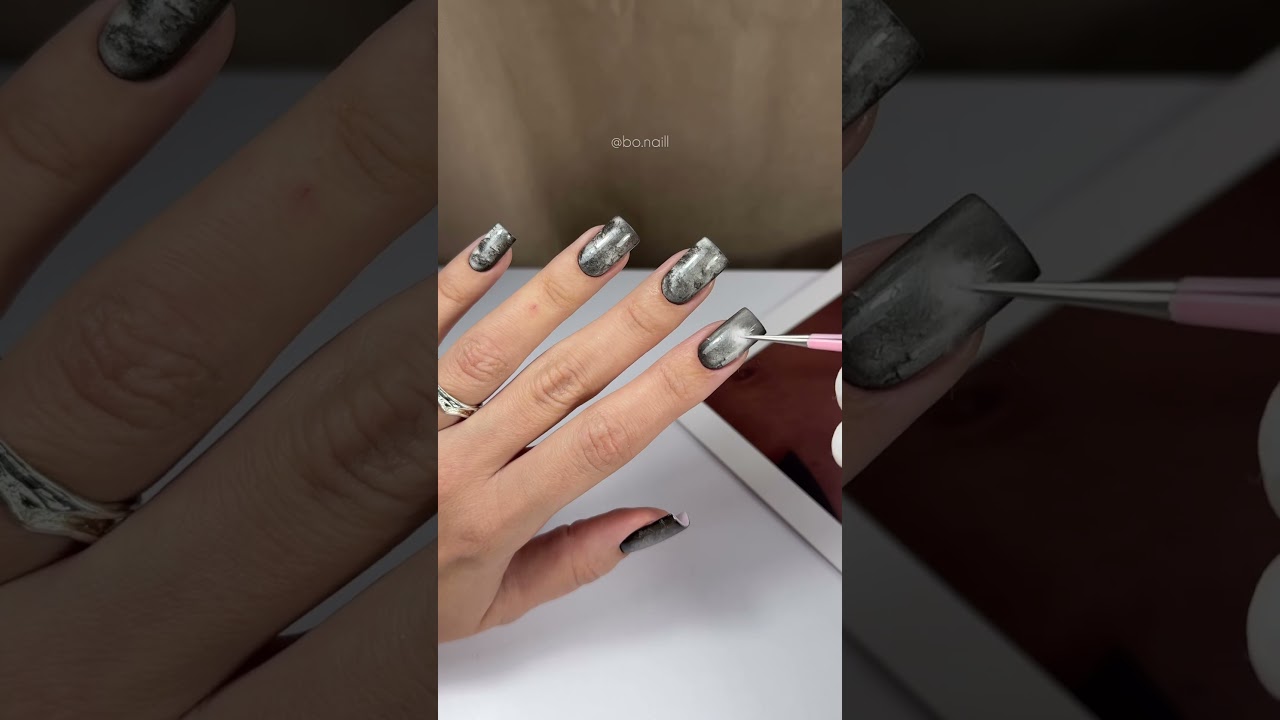 Matte Black Nails with Chrome Foil Accent