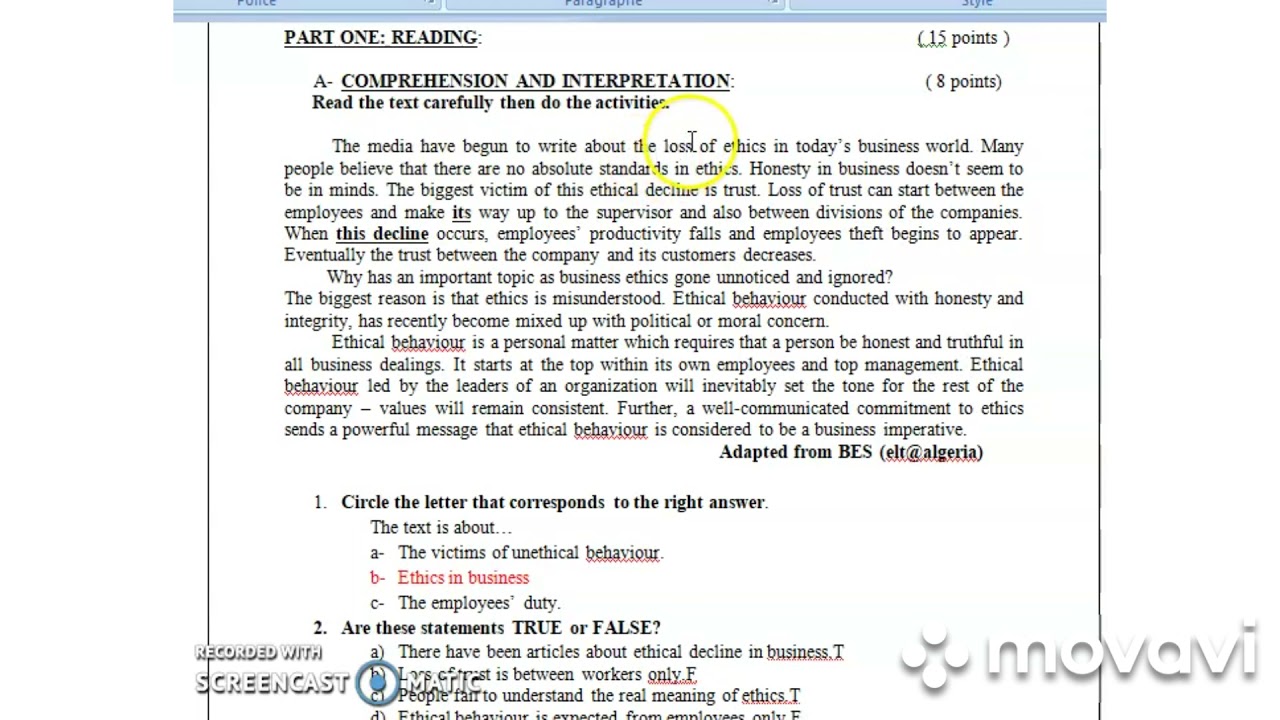إختبار انجليزية للسنوات الثالثة علوم تجريبية ورياضيات وتقني رياضي