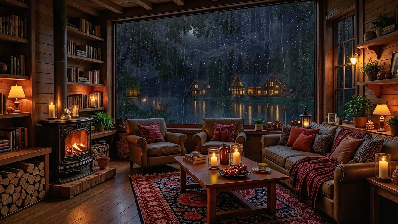 Cozy Rainy Night Lakeside Cabin with Warm Fireplace | Jazz Piano Ambience for Study, Work & Focus