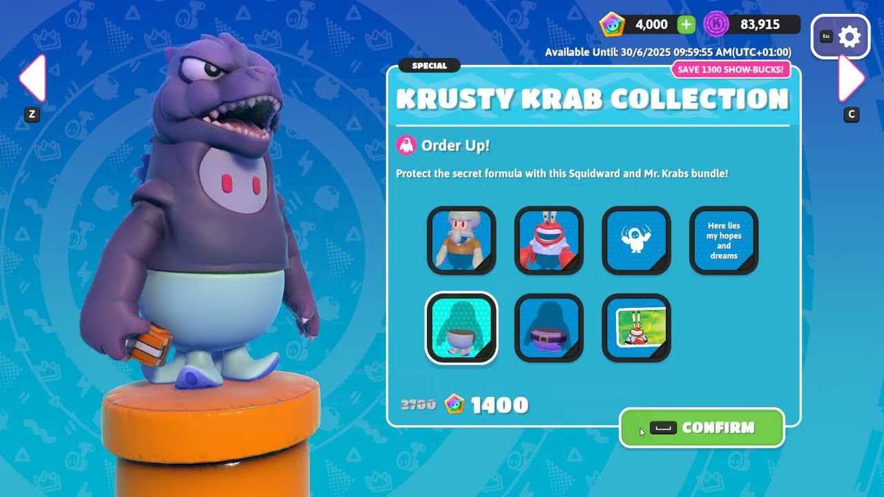 Buying SpongeBob Skins in Fall Guys