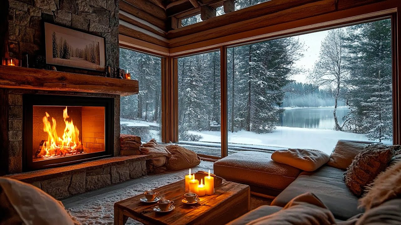 Cozy Winter Cabin Ambience ️ Soothing Piano Music & Fireplace Sounds ...