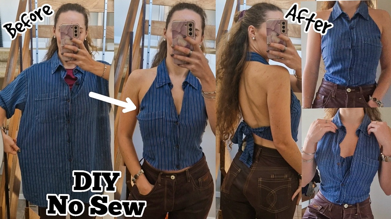 DIY Halter Top from an Old Shirt - No Sew, Super Easy :D - YouTube