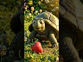 A chubby tortoise chases a rolling strawberry and falls asleep while walking.