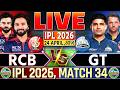 🔴 Bangalore vs Gujarat, Live Match Today, IPL 2026 Live Cricket Commentary &amp; Scores, 2nd Inn