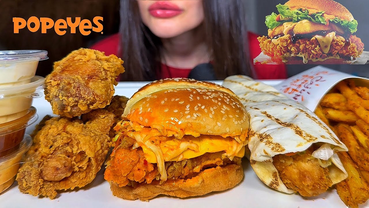 ASMR POPEYES FAST FOOD |  FRIED CHICKEN, BURGER SANDWICH, BURRITO, FRIES MUKBANG