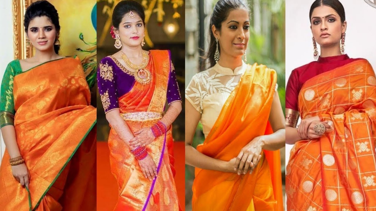 11 Chic Contrast Blouse Ideas For Orange Sarees • Keep Me Stylish | Orange  saree, New saree blouse designs, Contrast blouse