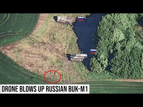 Ukrainian kamikaze drone strikes Russian Buk-M1 air defense missile launcher.