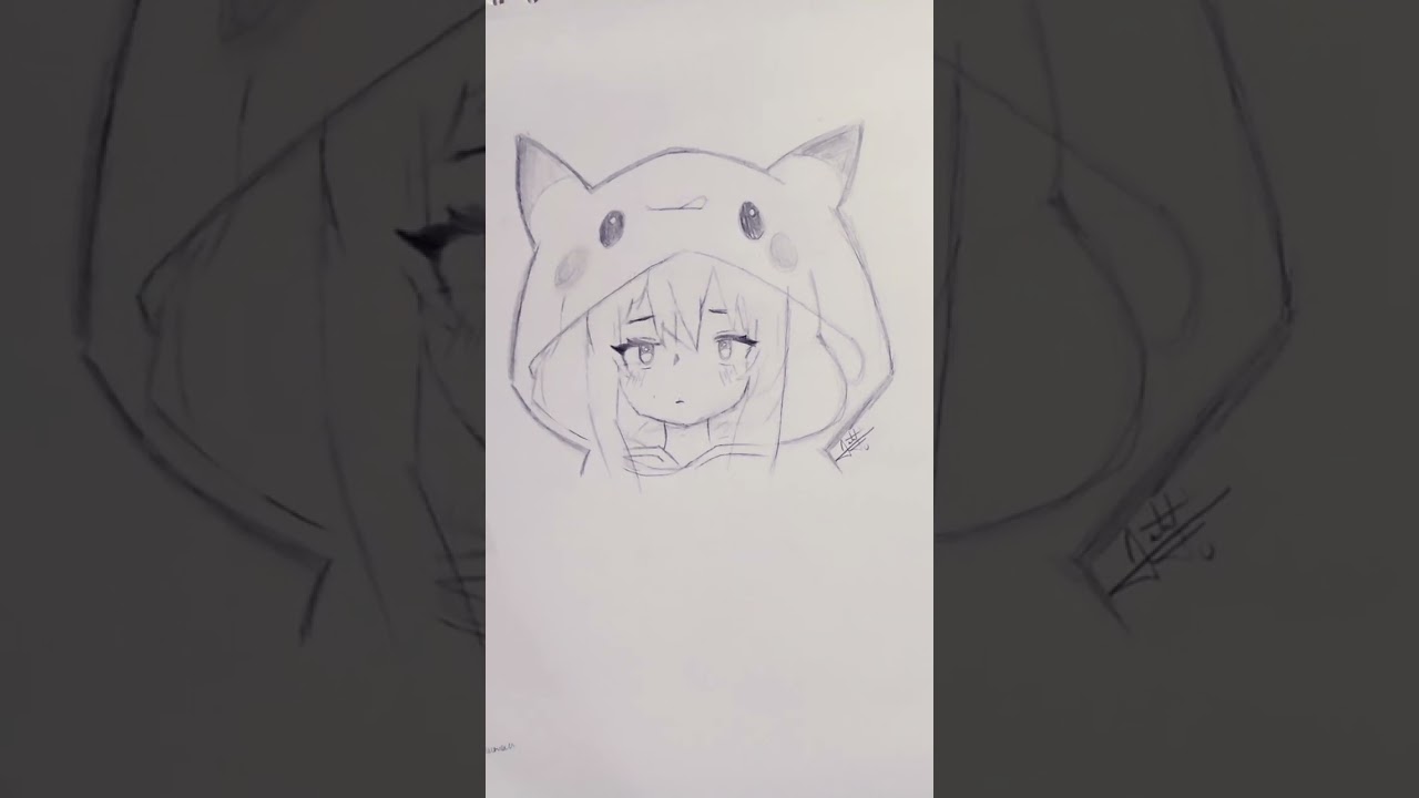 sketch of a cute girl wearing a Pikachu hoodie 