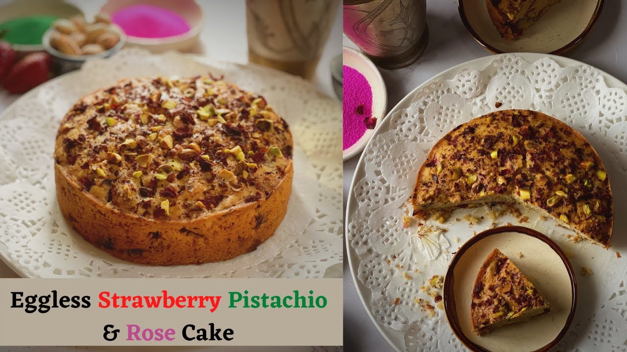 Eggless strawberry rose and pistachio cake