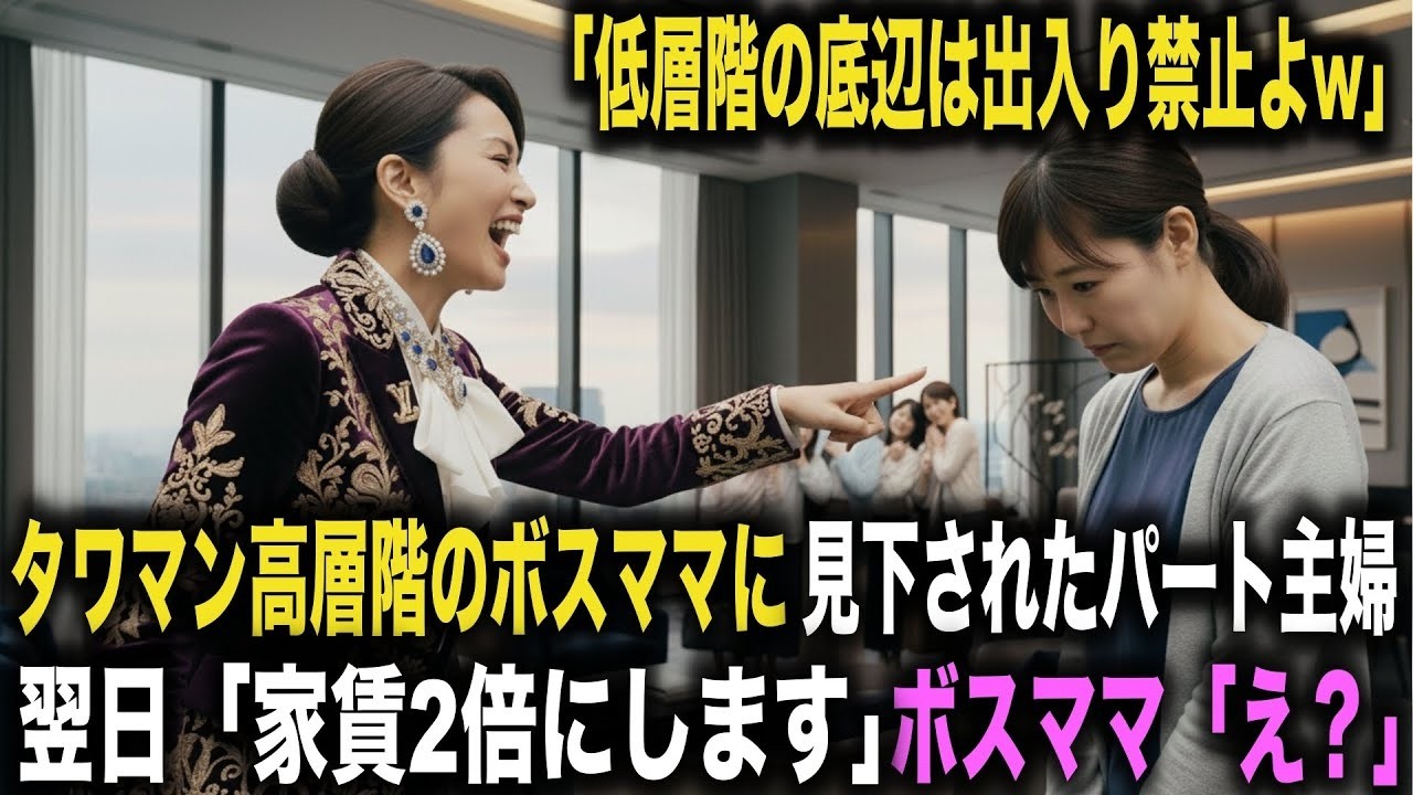 「低層階の底辺は出入り禁止よw」タワマン高層階のボスママに見下されたパート主婦。翌日、「家賃2倍にします」ボスママ「え？」