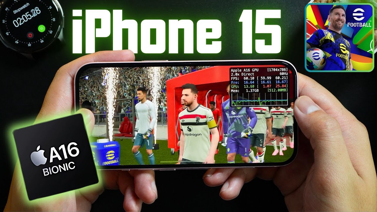 Тест iPhone 15 eFootball 2024 с измерителем FPS и тестом аккумулятора