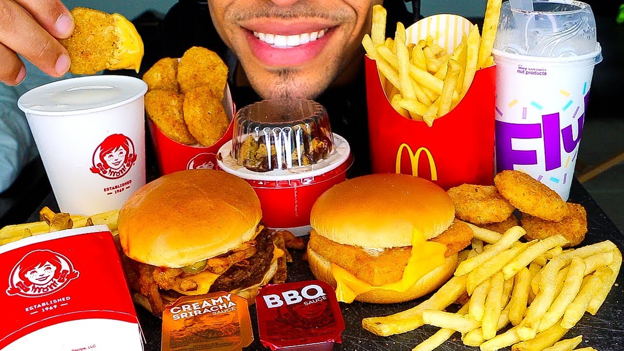 ASMR MCDONALD'S vs WENDY'S MUKBANG EATING CHICKEN NUGGETS FRIES OREO MCFLURRY FROSTY COOKIE SUNDAE