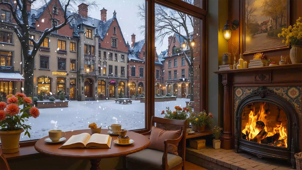 Вечерний зимний джаз-лаундж 4K ❄️ Уютная атмосфера кафе с камином