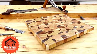 Chaotic Pattern End Grain Cutting board with a Near Catastrophe and Resin Inlays!