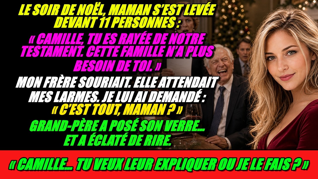 Le soir du réveillon, ma mère s'est levée et a annoncé devant toute la famille que j'étais rayée de son testament. « Cette famille n'a plus besoin de toi, Camille », a-t-elle dit, en reposant sa...