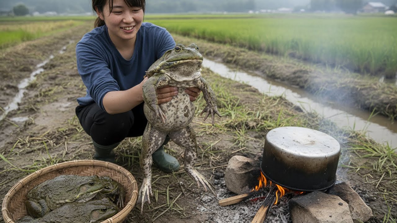 Cooking American Bullfrog in the Rice Fields | Survival Cooking ASMR