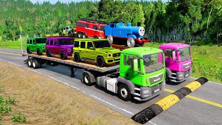 Double Flatbed Trailer Truck vs speed bumps|Busses vs speed bumps|Beamng Drive|12