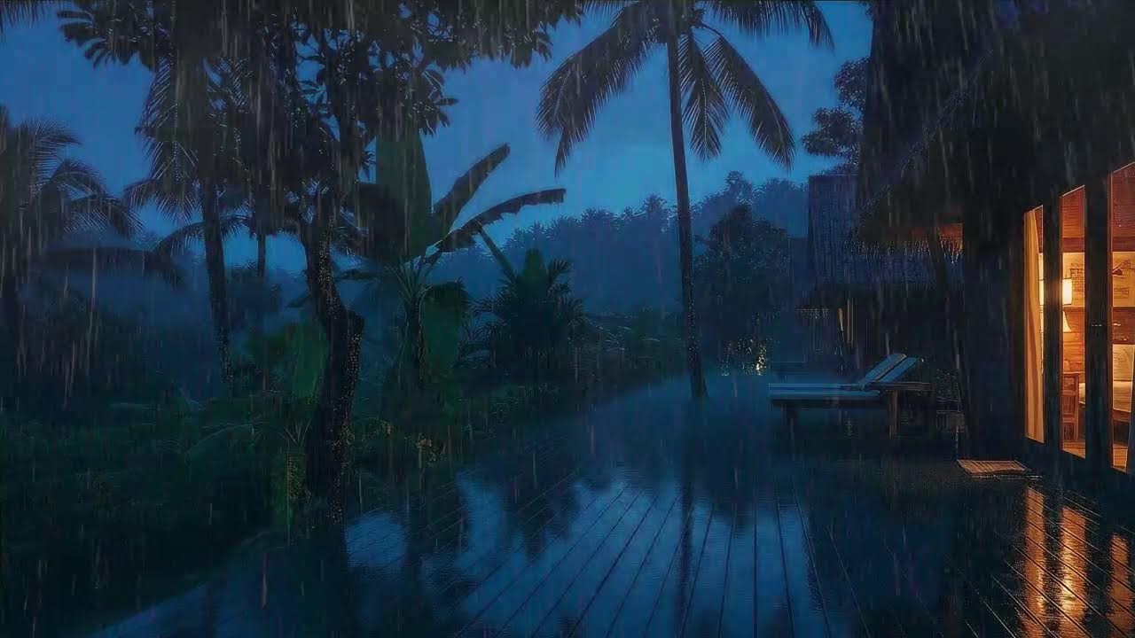 Sleep Now with Steady Rain and Distant Thunder Echo at Wooden Cabin Terrace 🌧️