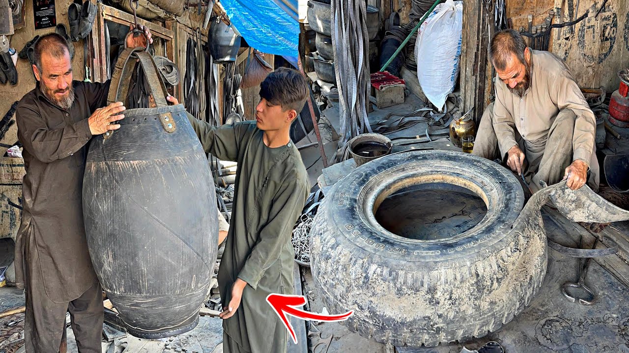 Traditional Rubber Water Carrier Made from Old Tires