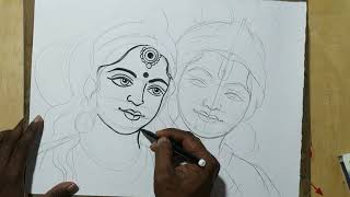 lord radha krishna line drawing,how to draw radha krishna face drawing,krishna thakur drawing,