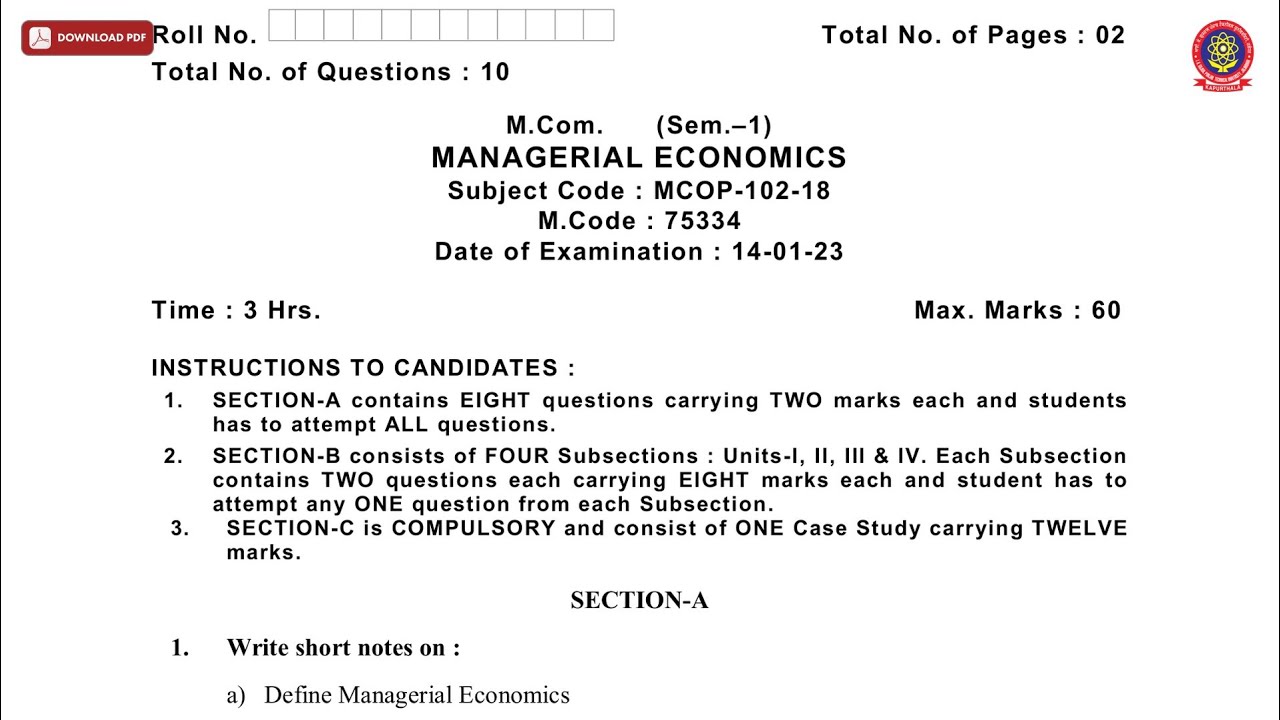 MCOM 1ST SEM MANAGERIAL ECONOMICS JAN 2023 | PTU - YouTube