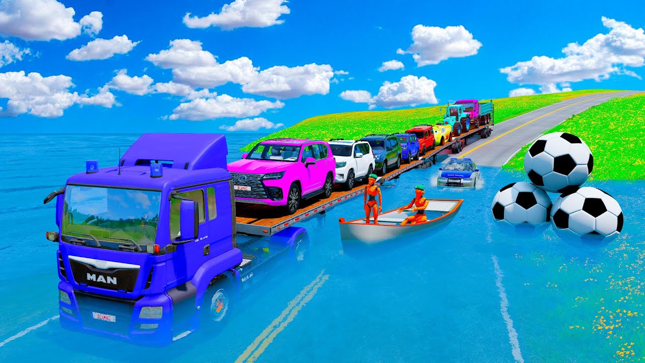 TRANSPORTING PIXAR CARS & FRUITS WITH COLORED & JOHN DEERE vs CLAAS vs TRACTORS - BeamNG.drive #983