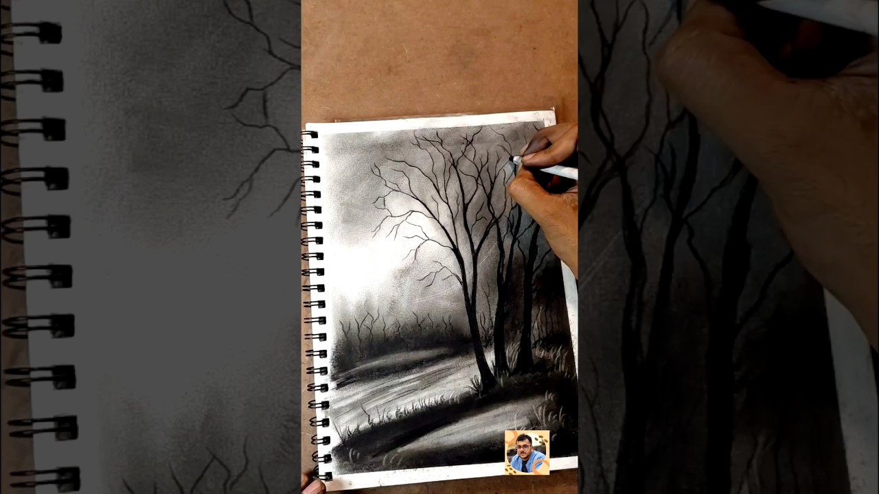 Easy Charcoal Drawing for Beginners: Spooky Forest Landscape (Step-by-Step) .how to draw?