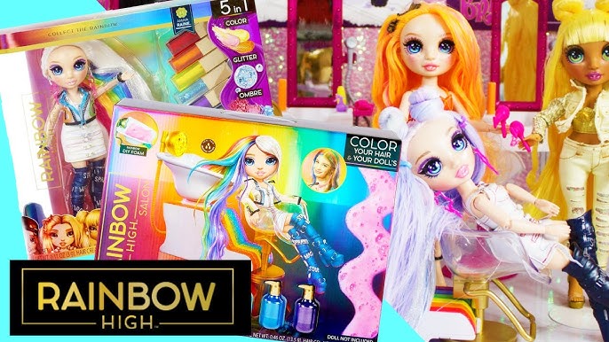 Studio de coiffure Rainbow High : créez des cheveux arc-en-ciel avec la  poupée exclusive et la couleur lavable pour cheveux 