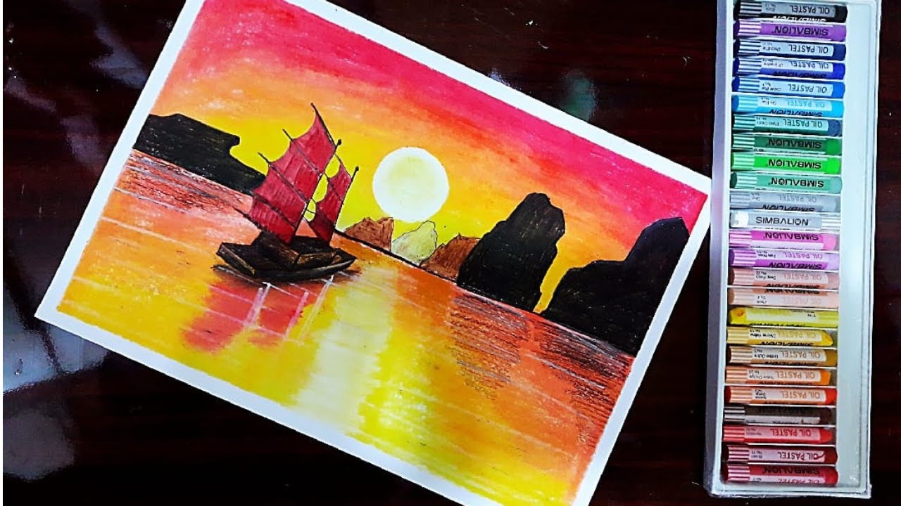 VẼ PHONG CẢNH: Vẽ hoàng hôn trên biển, cách vẽ màu sáp dầu - YouTube