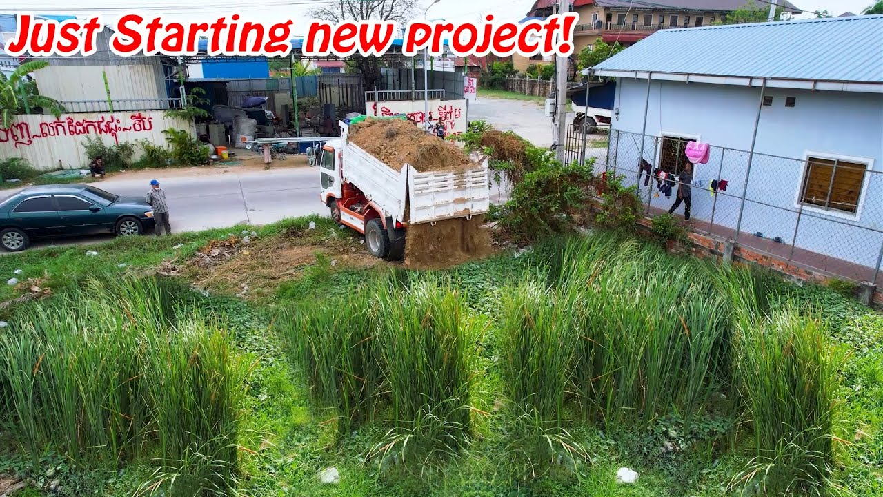 Starting New Project!! Landfill By Skill Bulldozer Komatsu Pushing Soil with 5Ton Truck Dumping