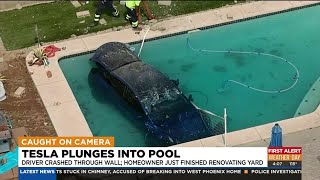 Tesla crashes through wall, plunges into Phoenix backyard pool