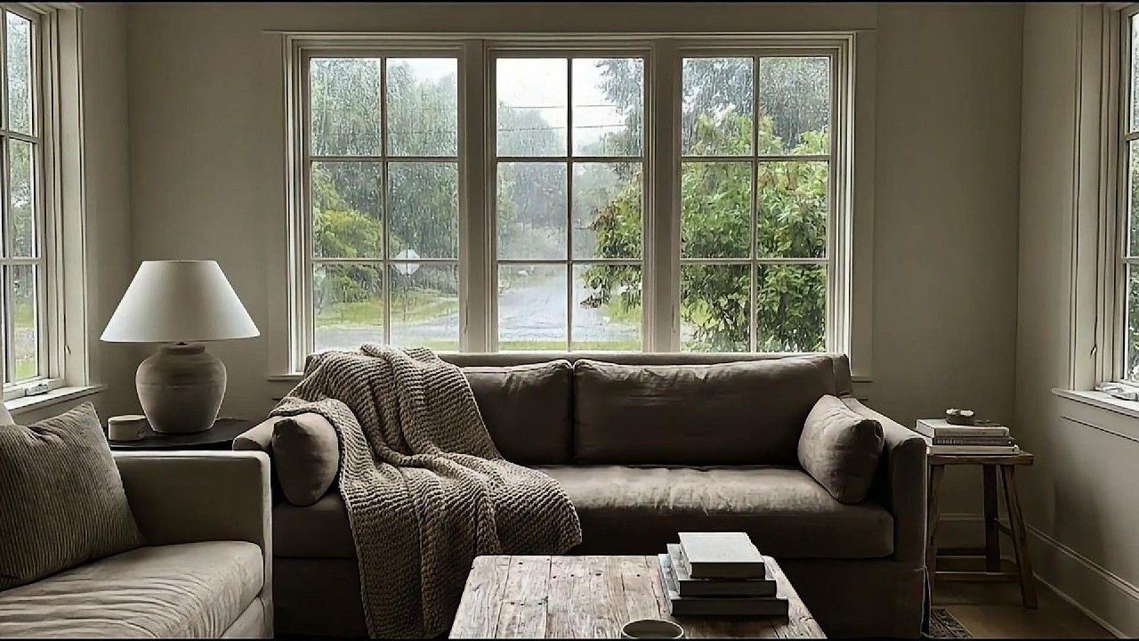 Cozy Room Rain for Sleep – Warm Lamp on Wooden Stool & Rain on Window (8Hours)
