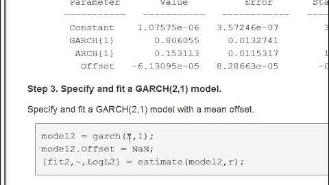 Garch with volatility clustering and Matlab new Garch example