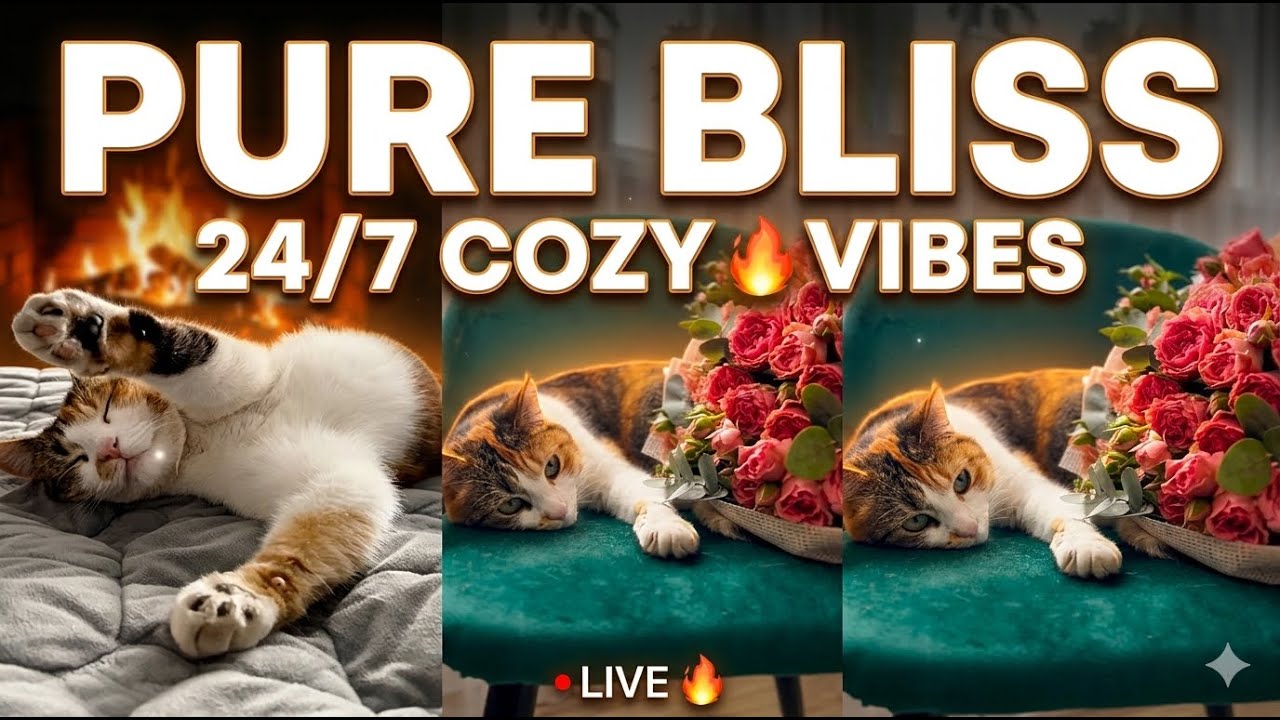 LIVE Triple Cozy Cat 🐾 24/7 Purring & Deep Sleep Ambience | Calm Fireplace Vibes