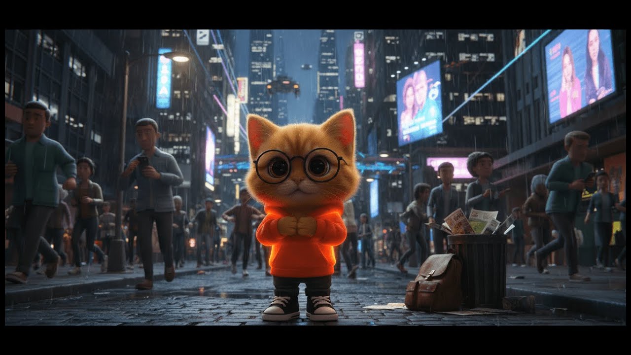 Lost in the Neon Lights: QUI’s Sad Cat Cartoon _ Happy Whisker Tales