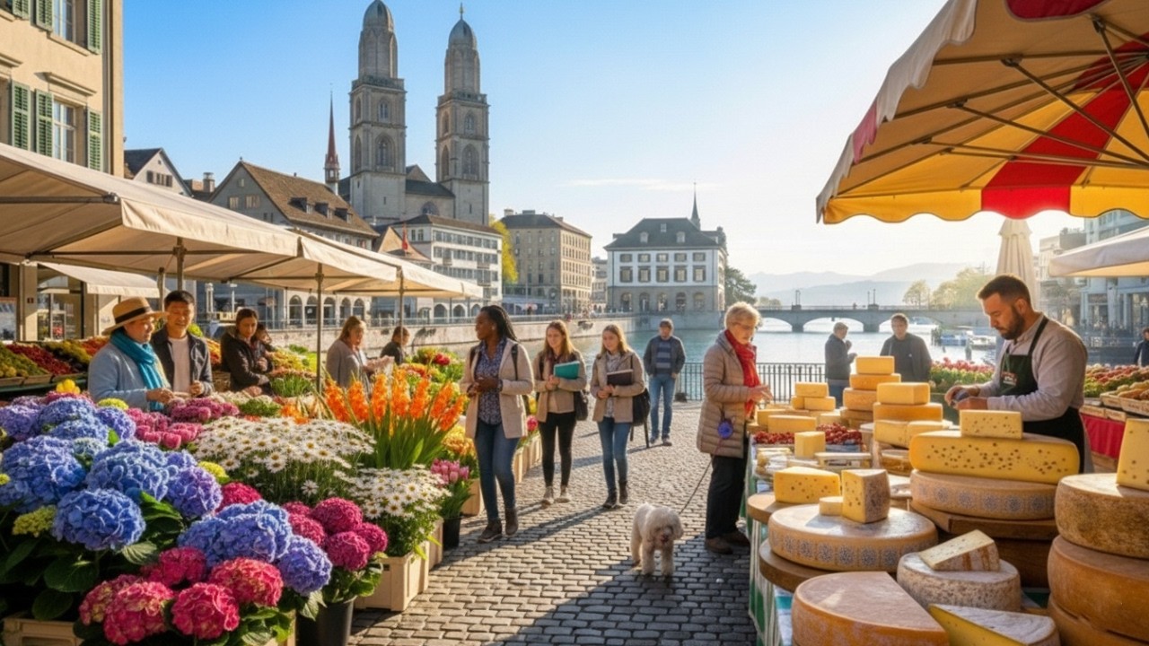 Атмосфера 🇨🇭 рынка Цюриха, расслабляющая прогулка и городские звуки
