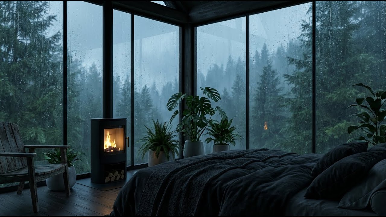Deep Peace: Rain & Piano in Dark Forest Room with Fireplace for Anxiety Relief and Sleep 🕯️💤