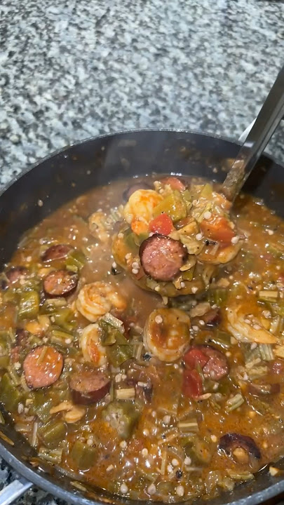 Smothered Okra & Tomatoes with Sausage & Shrimp #okrarecipes #foryou #familydinner #cooking #stew