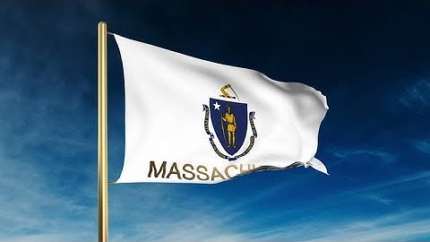4K massachusetts flag slider style with title. Waving in the wind with cloud background animation
