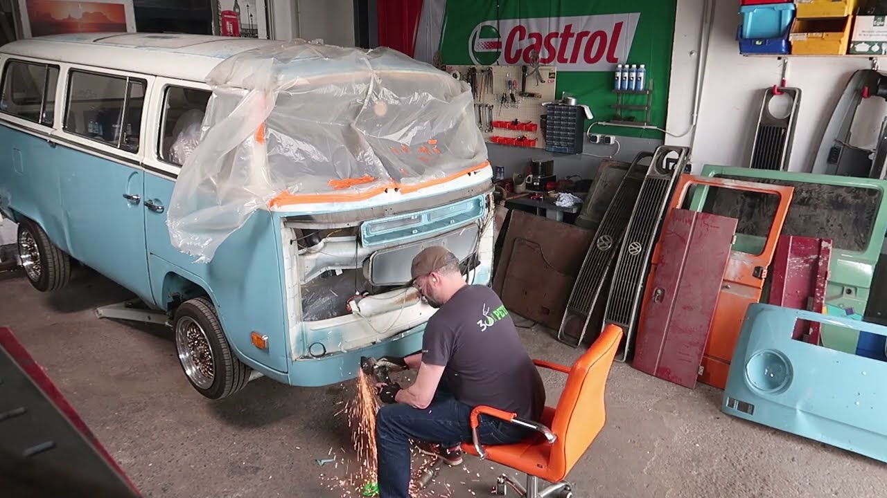 VW Bus T2a unfall.Part 1 Neue frontmaske einschweißen . New front panel . Appelpicker