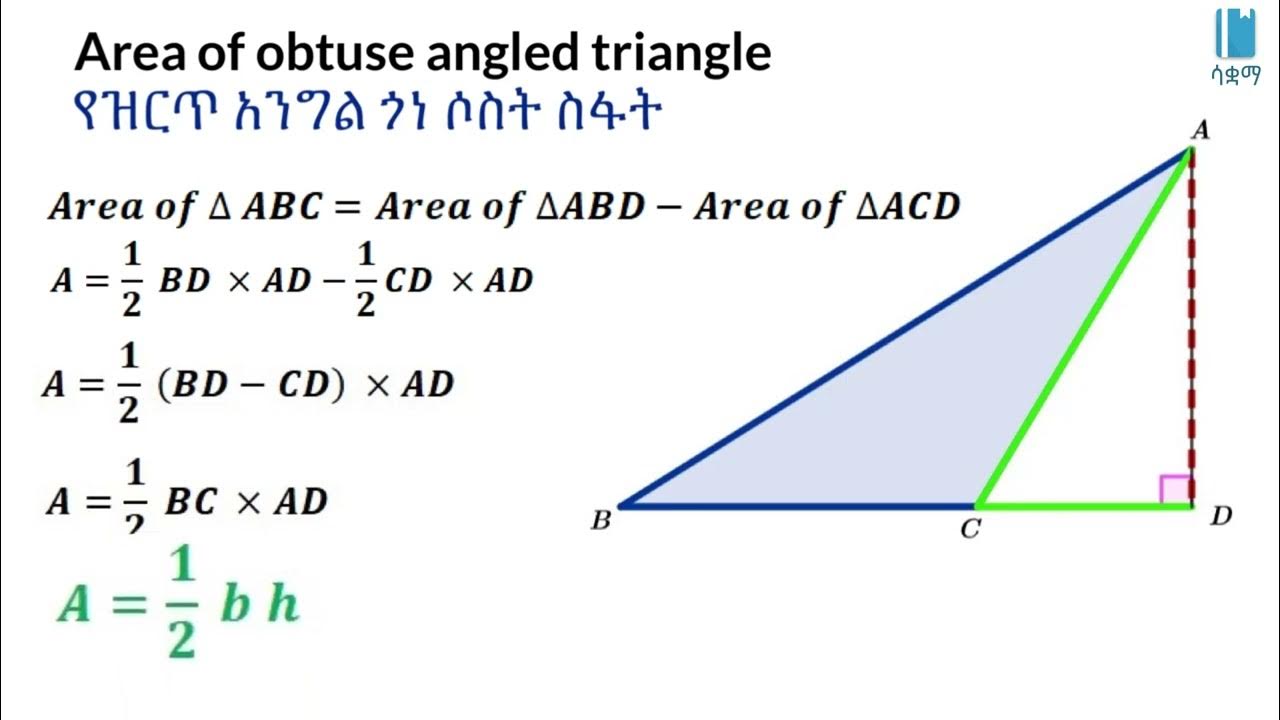 Area of obtuse angled triangle - የዝርጥ አንግል ጎነ ሶስት ስፋት - YouTube