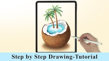 Coconut Island and Tropical Palm trees iPad Procreate Drawing - Step by Step Drawing Tutorial