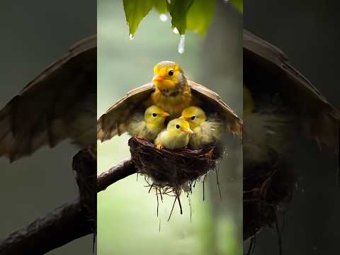 Mother Bird's Love: Protecting Her Chicks from the Rain 🌧️💛'#birds #nature #shorts