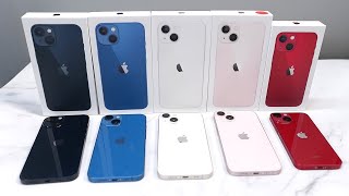 فتح علبة iPhone 13 بجميع الألوان: الأزرق، الوردي، ضوء النجوم، منتصف الليل والأحمر